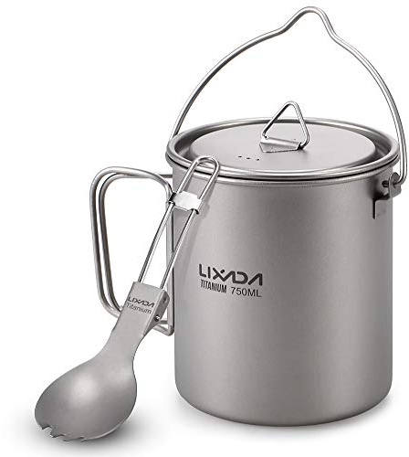 Lixada 750ml Pentola da Campeggio Titanio Leggero con Cucchiaio Forchetta Pieghevole per Tenda Escursionismo Picnic Trekking Pesca