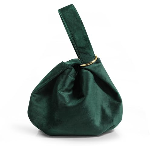 Hoxis Women Clutch Velvet Top Handle Bag Wristlet Small Tote Purse, Dark Green, M