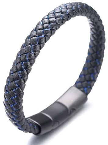 HALUKAKAH Plus ● Jazz ● Herr Äkta Läder Handgjord Fläta Svart Mix Blå Armband Titan Magnetiskt Frostat Lås Storlek Justerbar 21.5-23cm med Gratis Presentbox