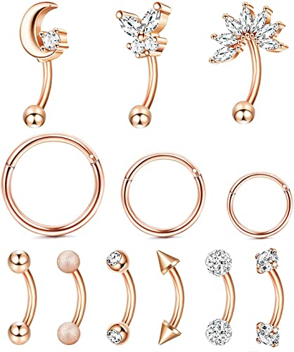 CASSIECA 12pcs 16G Rook Piercing Schmuck Augenbrauen Ringe Edelstahl Bauchlippenring Knorpel Hoop Rook Daith Ohrringe Tragus CZ Piercing Gebogene Langhantel