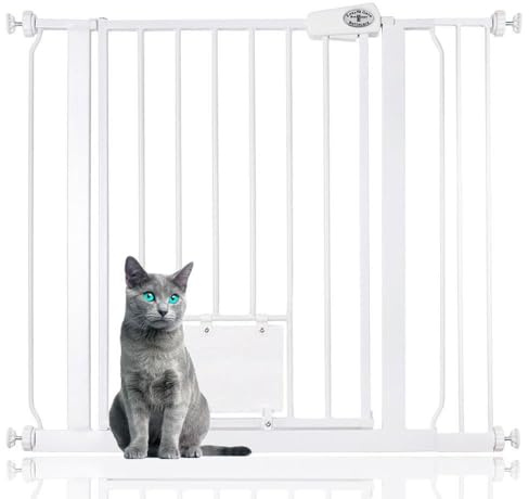 Bettacare Haustiergitter mit Abschließbarer Katzenklappe, 87.9cm - 95.5cm, Weiß, 75cm Höhe, Haustier Sicherheitsbarriere mit Katzenklappe, Einfache Montage