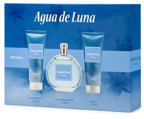 AGUA DE LUNA - Cologne Original 100 ml + Gel Bain 75 ml + Lait Corps 75 ml, Coffret Cadeau Femme, Eau de Toilette Naturelle et Féminine, Arôme Floral, Parfum Frais et Longue Durée
