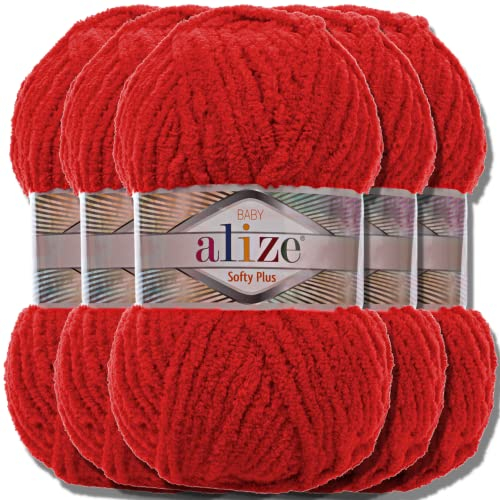 Alize 5x 100g Softy Plus türkische Wolle Super Bulky Chenillegarn Babywolle Handstrickgarn ohne Nadel zum häkeln weiches Chenille-Garn XXL-Knäuel für Amigurumi (Red | 56)