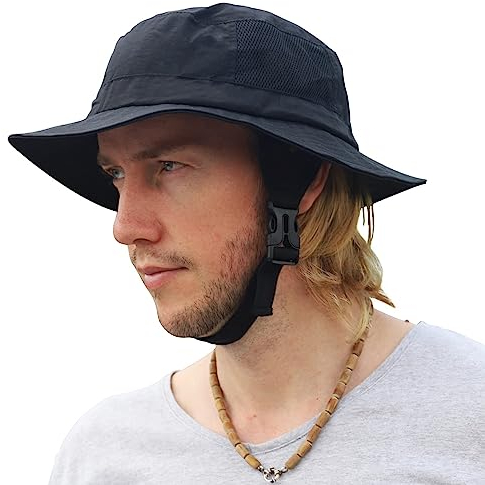 Huakunda Sonnenhut Herren UPF 50+UV Schutz Anglerhut mit Kinnband Faltbar Safarihut Breite Krempe Buschhut für Draussen Reisen (Schwarz)