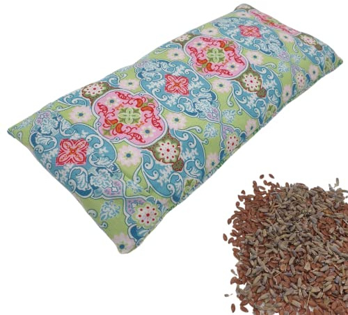 Augenkissen mit Lavendel und Leinsamen- Mischung aus Baumwollstoff Ornamente rosa/grün