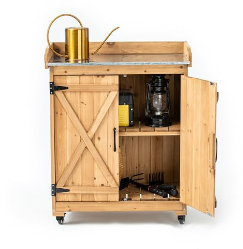 TAKUKA Pflanzbank aus Holz für den Außenbereich, mit Rollen, Doppeltüren und Metall-Tischplatte, Aufbewahrungsschrank für den Außenbereich, Gartenbau, Pflanztisch, Arbeitstisch für Garten, Balkon,