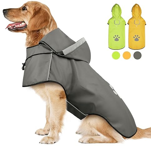Impermeabile Cane, Cappotto Impermeabile per Cani con Cappuccio e Foro per Colletto, Regolabile Cappotto Impermeabile Cane di Taglia Piccola Medio e Grande,Strisce Riflettenti Protettive (Grigio,L)