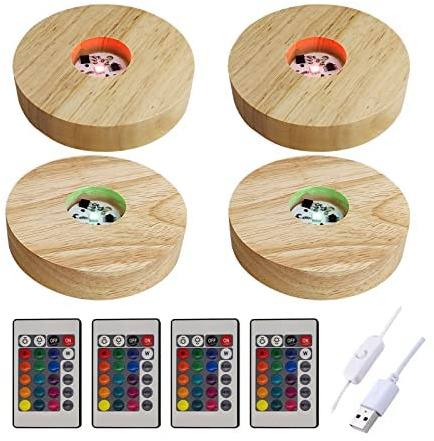Gotrain 4 Stück Nachtlicht aus Holz, 16 Farben USB-Lampensockel für Kristalle Glas Harz Kunst bunte LED-Lichter Display-Basis mit Fernbedienung (rund)