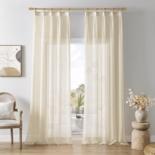 Softalker Vorhang Kräuselband Beige Gardinen Vorhänge Kurz Durchsichtig Gardine Schal 225 cm Hoch Transparent Voile Curtains & Drapes für Schienensystem Vorhang 140 cm Breit, 2er Set