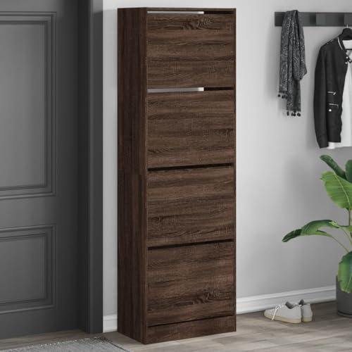 CINDERFUL Schuhschrank mit 4 Klappen Braun Eiche-Optik 60x34x187,5 cm,Schuhkipper Braun EichenOptik: Platzsparendes Schuhregal mit 4 Klappen für Ordnung und modernen Stil