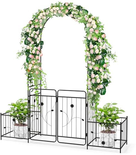 GYMAX Arco da Giardino in Metallo 202 cm con 2 Fioriere Laterali, con Cancello Chiudibile, per Piante Rampicanti, Rose, Viti, Matrimoni, Feste, Decorazioni Cerimoniali