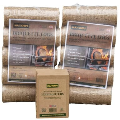 Maxchips Briquette Dried Heat Logs With Firelighters – 2 Packs of Natural Briquette Logs With 1 Firelighter – Smokeless Fuel Starter for Charcoal Burner, Lighter Gas, Oven, Pit, BBQ, Camping & Outdoor