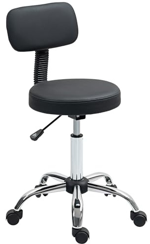 HOMCOM Taburete con Ruedas Giratorio, Taburete de Trabajo con Respaldo Desmontable, Altura Regulable, Tapizado en Cuero Sintético, para Oficina, Dormitorio, Negro