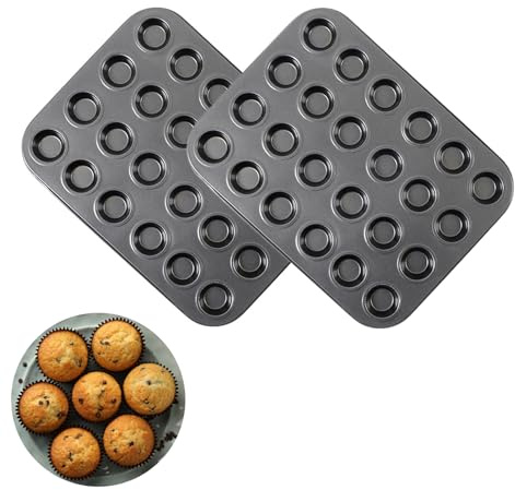 Odoukey 2 Pack Nonstick Mini Muffin Pans, 24 Cups, Carbon Steel, Quick Release, Dishwasher Safe, Oven Safe, Black