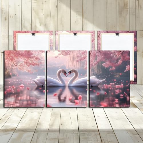 Pink Swan Couple Canvas Wall Art - 3 Panels Lovely White Swan Animals Lake Landscape Picture for Living Room Decorative Woodern Framed Print Artwork Ready to Hang Bathroom Wall Decor 12x16inch 3PCS