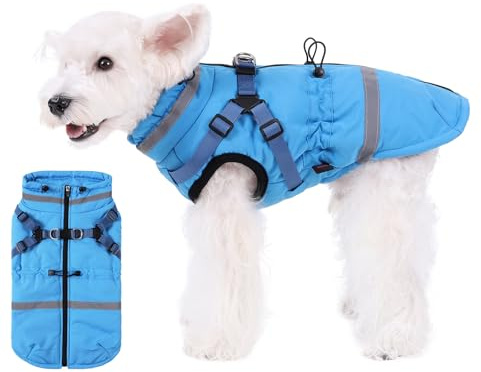 Poseca Hundemantel mit Geschirr wasserdichte Hundejacke Reflektierend und mit Reißverschluss Schneeanzug für Kleine und Mittelgroße Hunde