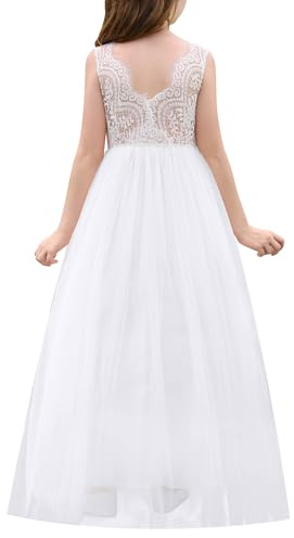 Odizli Blumenmädchenkleider Prinzessin Kleid Mädchen Kinder Ärmellos Spitze Rückenfreies A-Linie Tüllkleid Festlich Hochzeit Erstkommunion Kommunionkleid Abendkleid Lang Ballkleid Weiß 9-10 Jahre