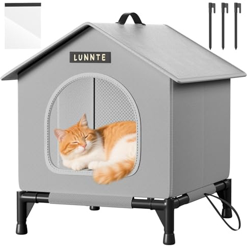 Katzenhaus Outdoor, Katzenhöhle für Draußen, Katzenhaus Für Draußen Winterfest Wasserdicht, Welpenhütte im Freien, Mit abnehmbarem Transparentem Vorhang (34x40x47cm, Grau)