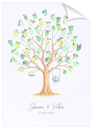 KATINGA Poster zur Hochzeit – Bild für Fingerabdrücke mit Baum - Personalisiert – Hochzeitsbaum – Gästebuch als Geschenkidee (A3 personalisiert)