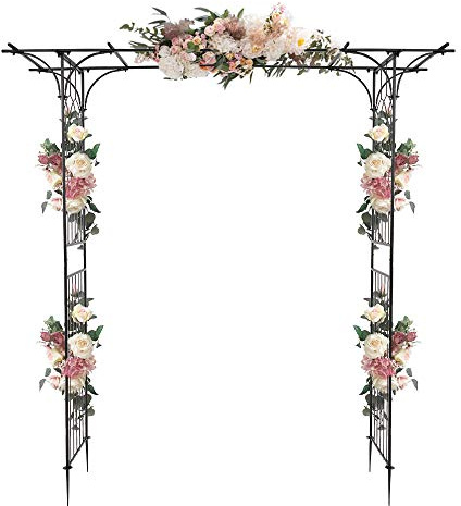 Bonnlo Rosenbogen aus Metall, Stabil Wetterfest Rankhilfe aus Pulverbeschichtetem Stahl, Rankgitter für Garten, Rosen,Plantzen,206 x 40,5 x 208cm/Schwarz (Flachdach) (Modern)