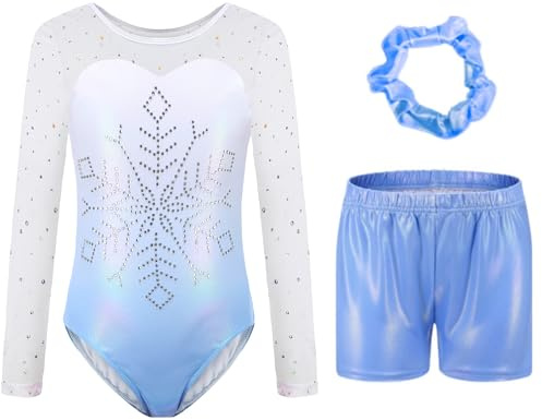 Sinooem Dreiteilige Gymnastikanzüge Für Mädchen Langärmelig Gymnastik Trikot Set mit Shorts und Haarband, Gymnastik Outfit Glitzernde Schmetterlinge für 5-12 Jahre