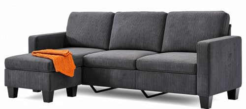 Xbro Divano angolare 3 posti a L con chaise longue fissa, imbottitura in spugna ad alta resilienza, tessuto in cotone e lino traspirante per soggiorno moderno, Grigio scuro
