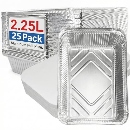 JinPhon 25 Pièces Barquette Aluminium avec Couvercle 2250 ML Idéales pour Grill, Barquette Aluminium Barbecue Réutilisables pour Barbecue, Cuisson et Batch Cooking