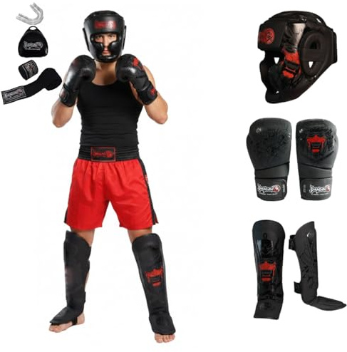 Dragon Do Yakuza Profi Boxset 5-teilig Boxhandschuhe 30128-P, Schienbeinschützer 40724-P Kopfschutz 11747-P 3,5m Bandagen, Zahnschutz Premium MMA, Muay Thai, Kickboxen Ausrüstung Set (10 Oz Set S)