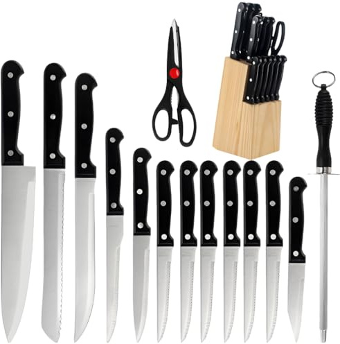 Set de 15 Couteaux de Cuisine en Acier Inox 2cr13, Bloc Bois & Ciseaux Inclus, Couteau Chef 32cm Idéal pour Découper Viande et Poisson