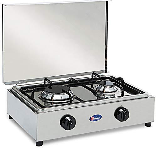 Hornillo de mesa de acero Parker con 2 fuegos con tablero extraíble para la limpieza de alimentación de gas GLP (bombona) para uso exterior