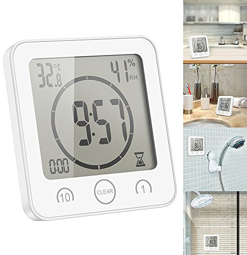 OurLeeme Tägliche wasserdichte Duschuhr, Badezimmer-Dusche-Timer-Wecker mit großer LCD-Anzeige Luftfeuchtigkeit Temperaturanzeige Timer-Steuerung Countdown-Uhr für Home Kitchen Badezimmer (Weiss)