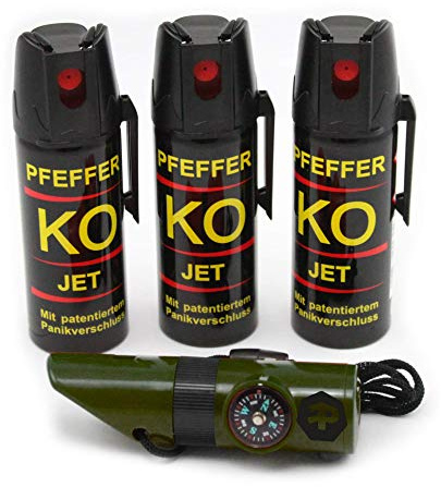 BALLISTOL Verteidigungsspray Pfeffer KO Jet 3 Dosen mit je 50 ml Pfefferspray bis zu 5 m Reichweite inkl. Signalpfeife 6in1