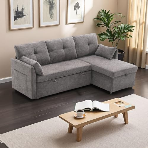Modular Sofa L-Form mit Stauraum Reversible Chaiselongue Sofa mit Polsterelementen für Wohnzimmer Modernes Design Bequeme Sitzfläche Platzsparend in Grau