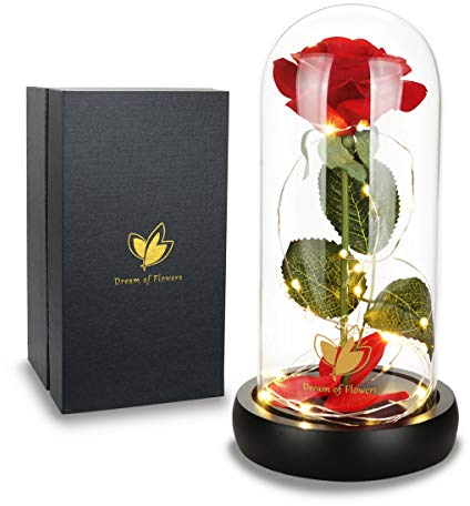Roses Eternels Cadeau Fête Des Mères Rose Eternelle Sous Cloche Romantique Pour Femme Dans Un dôme en Verre avec lumière LED Base en Bois pour Mariage,Saint-Valentin rose rose éternell