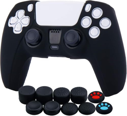 YoRHa Silicone Cover Skin Case for PS5 Controller x 1(Black) with Thumb Grips x 10