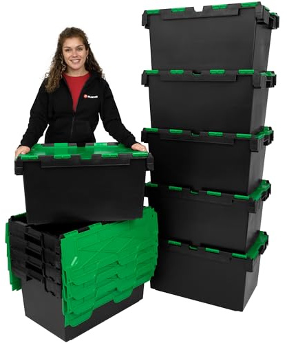 Plastor Pack of 10 - Large Plastic 80 Litre Heavy Duty Storage Boxes (71 x 46 x 36.8cm) Black and Green LC3 Crates with Attached Hinged Lids