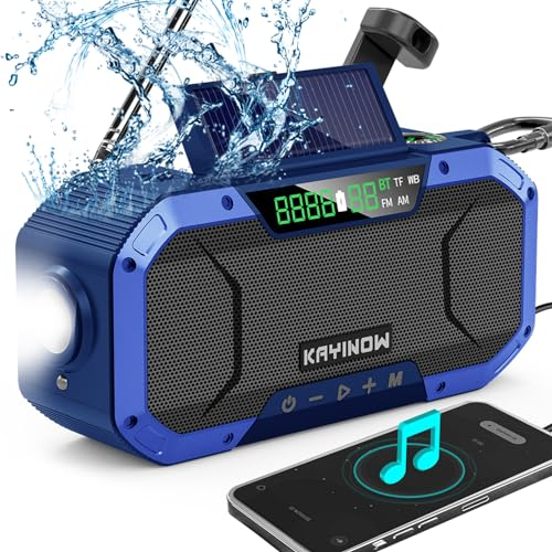KAYINOW Emergency NOAA Weather Radio, Solar Hand Crank FM AM Radio with Bluetooth Speaker, 5000mAh/18500mWh Battery Powered, Flashlight, IPX5 Waterproof, SOS Alarm for Survival Hurricane Camping