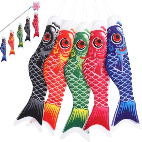 DOITOOL 5Pcs Japanese Carp Flags 14.6 Inch Koinobori Windsocks Satin Waterproof Fish Streamers for Outdoor Garden Home Party Decoration