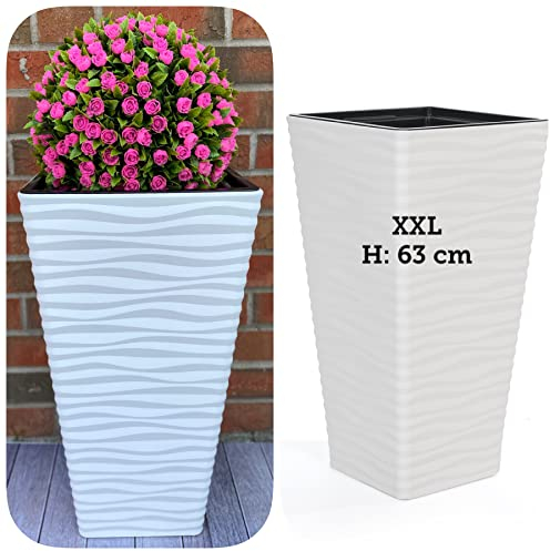 MELTOM XXL Pflanzkübel Slim Quadratisch 3D Effekt - Wellen - Farbe: Weiß mit Herausnehmbaren Einsatz, BxH: 33 x 63 cm
