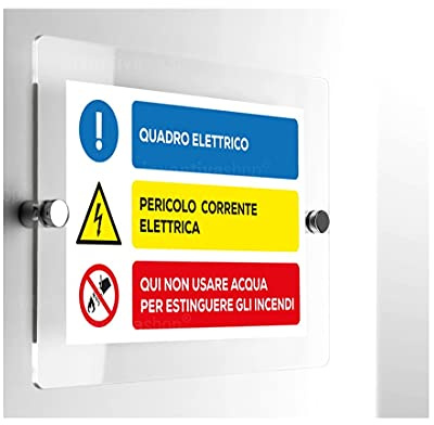 CARTELLO IN PLEXIGLASS SEGNALETICO - Quadro elettrico, pericolo - Con Distanziali in acciaio inox e Stampa U.V. (21x30 cm)