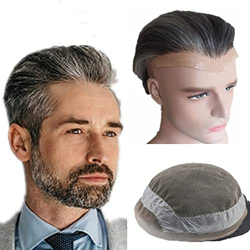 Echthaar Toupet für Männer,NLW Haarersatz dünne französische Spitze Männer Toupet Haarteile Echthaar Ersatz System gebleicht Knoten natürlichen Haaransatz Poly Haut Perücken (8x10,schwarz und grau)