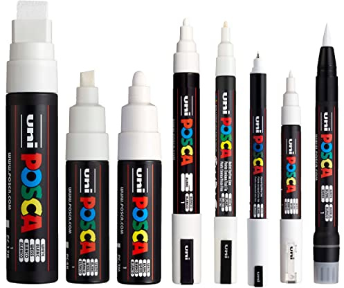 Posca Permanent-Marker auf Wasserbasis, für verschiedene Oberflächen geeignet, (PC-17K, PC-8K, PC-7M, PC-5M, PC-3M, PC-1M, PC-1MR, PCF-350), Weiß, 8 Stück