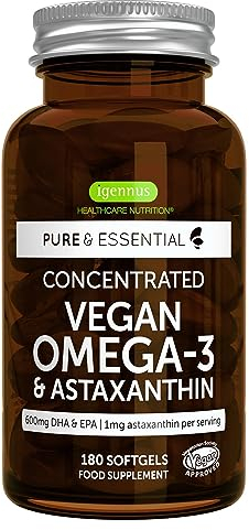 Omega 3 vegan,180 Kapseln, 1344mg Algenöl pro Tag mit 600 mg DHA & EPA, Omega 3 Algenöl hochdosiert mit 1mg Astaxanthin, 1 Monat Vorrat, von Igennus