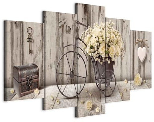 B&D XXL - Leinwandbild Rose Fahrrad Herz, 150x75 cm, 5-teilig, Schlafzimmer | Hochwertige Leinwand, sofort aufhängbar, ideal fürs Wohn- oder Schlafzimmer, wasserfest und lichtecht, langlebig, stilvoll