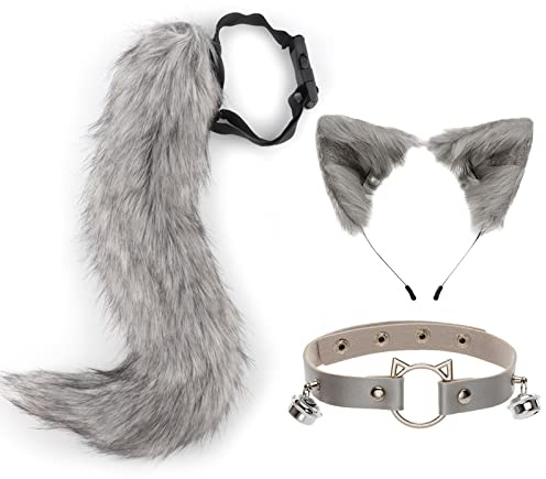 DRESHOW Fuchs Kunstpelz Schwanz Katzenohren Stirnband Halloween Party Kostüm Halsband Cosplay Set für Damen