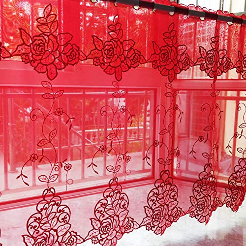 Rot Voile Scheibengardine Querbehang,Chinesischer Stil Wohnzimmer/Schlafzimmer Halbtransparent Fenster Kurzvorhang,Zum Hochzeit Haus Dekoration Bistrogardine