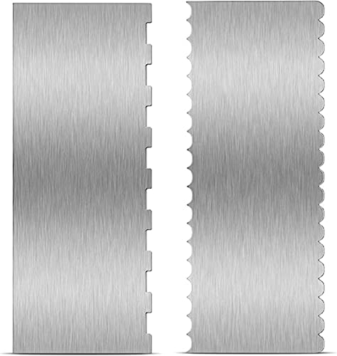 Cheeroyal 2Pcs 9 Inch Stainless Steel Cake Scraper Large Double Sided Patterned Edge Stripe Edge Smoother Scraper for Cake Decorating Pastry Cutter Mousse