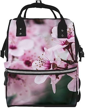 OUSIKA Wickeltasche mit Kirschblüten-Aufdruck, multifunktional, groß, Reise-Tagesrucksack, Wickeltasche für Mama und Vater, Rosa, Schwarz, Einheitsgröße