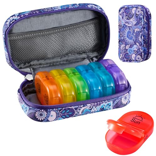 Serfeymi Tablettenbox 7 Tage Morgens Abends Pillendose 7 Tage 2 Fächer Regenbogen Medikamentenbox Tabletten Organizer mit Tragbarem Reißverschluss PU Leder für Medikamente, Fischöle – Lila 01