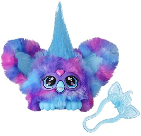 Hasbro Furby Furblets Luv-Lee minikompis, fler än 45 ljud, K-popmusik och fraser på furbish, elektronisk plyschleksak för barn från 6 år, lila och blå